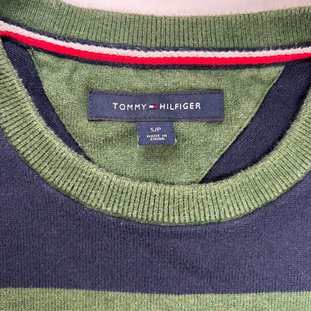 Tommy Hilfiger Mens Striped Crewneck Sweater Green Navy Blue Cotton Small - Picture 2 of 8
